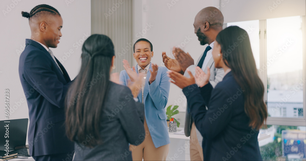 Wall mural Business people, applause and promotion with celebration, excited and cooperation with victory, winning and teamwork. Opportunity, achievement and cheering with staff, clapping and collaboration