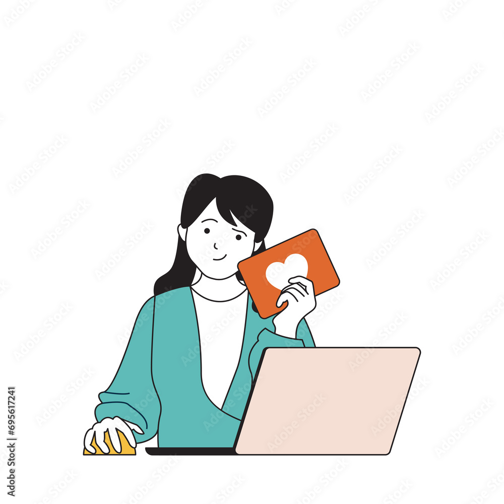 Poster social network concept with cartoon people in flat design for web. woman creating new posts and gett