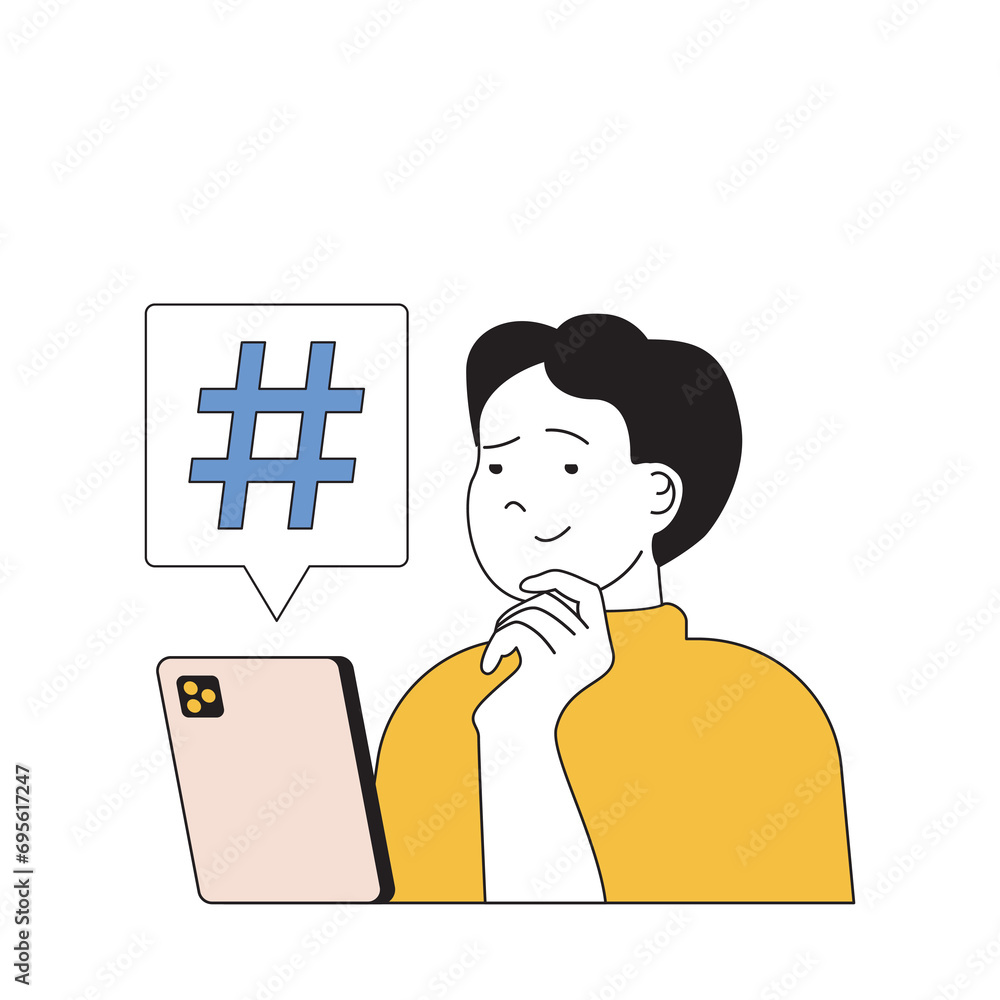 Poster social network concept with cartoon people in flat design for web. man networking and using hashtags