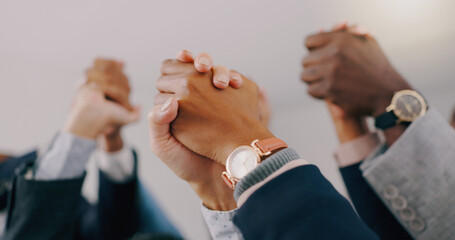 Business people, holding hands and group with support, teamwork and partnership with b2b deal. Staff, employees and coworkers with trust, about us and collaboration with cooperation and professional