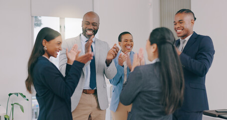 Business people, applause and promotion with celebration, smile and excited with victory, winning...