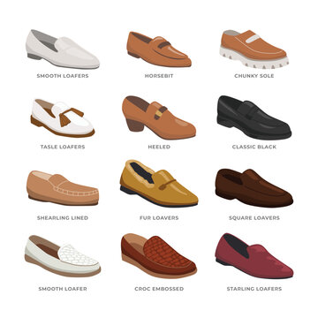 Set of different types of loafer collection, Female modern boots and shoes collection, Trendy sandals and sneakers and training shoes, Smooth, Horsebit, Chunky Sole, Tasle, Heeled, Classic, Shearling.