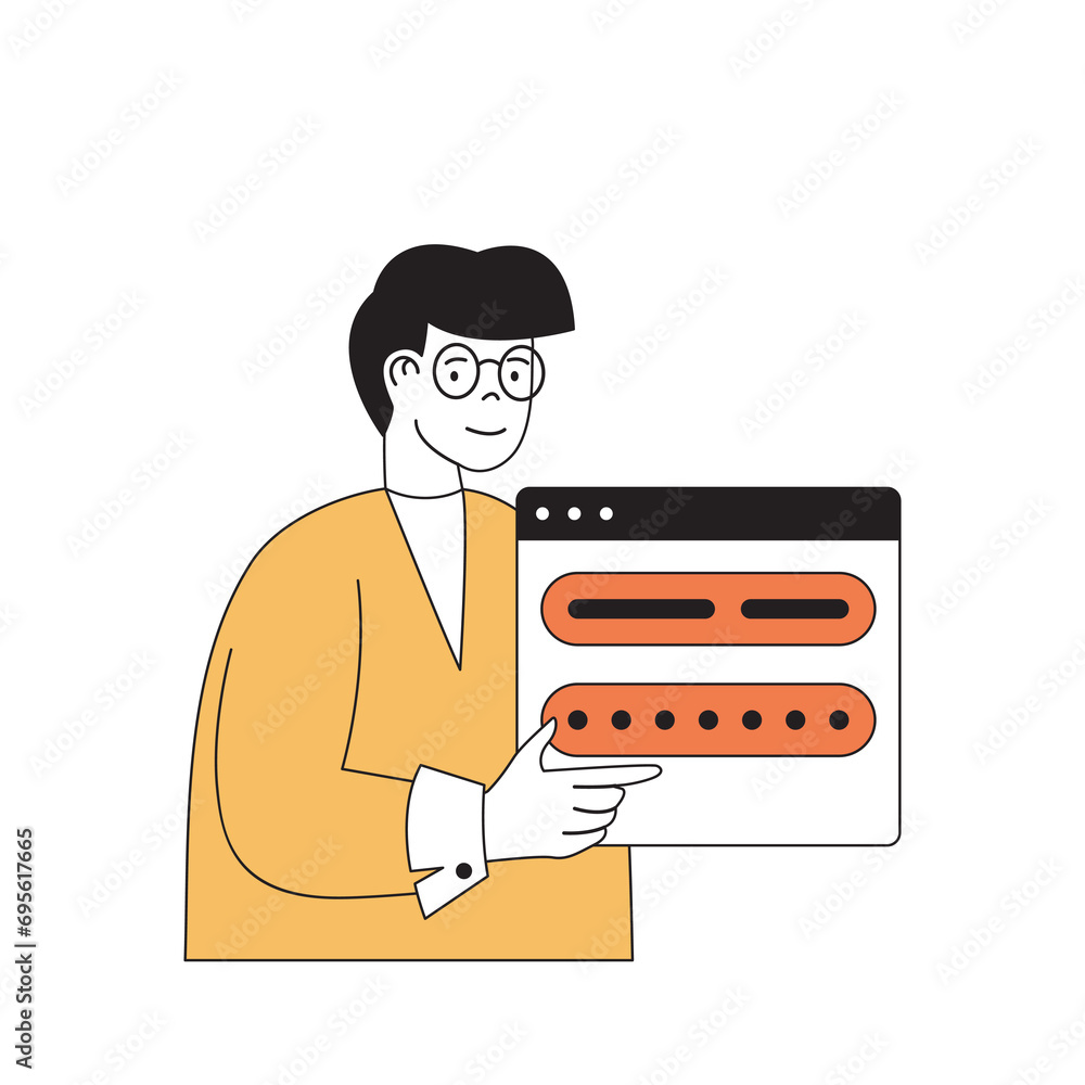 Aufkleber cyber security concept with cartoon people in flat design for web. man using protective password for