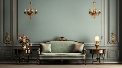 Vintage living room with an empty wall, antique furnishings, and classic decor.