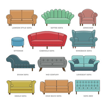 Set of different of modern sofa couch with line art, Collection of sofa in flat cartoon style, furniture pieces, Interior furniture design elements. Home and office divan icons. Vector illustration