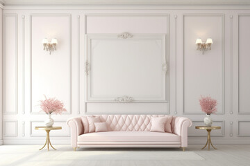 A luxurious living room with a pearl white wall, an elegant blank empty mockup frame, plush seating, and crystal chandeliers. 8k,