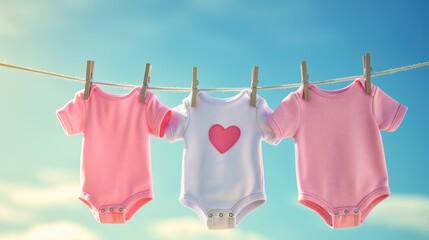 Pink and white baby bodysuits with heart on a clothesline against blue sky with white clouds