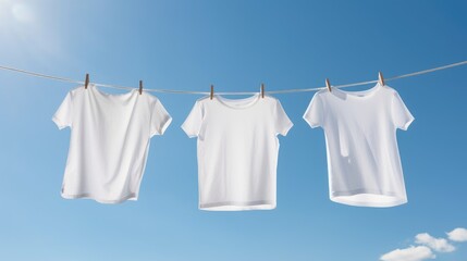 Three white t-shirts hanging on clothesline against blue sky with clouds. Mock up