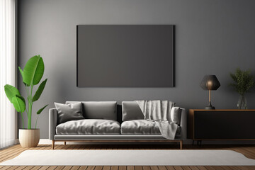 A minimalist living room with a slate grey wall, a sleek blank empty mockup frame, understated furniture, and a geometric rug. 8k,