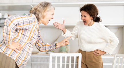 Domestic quarrel - an elderly mother quarrels with her adult daughter and starts screaming - obrazy, fototapety, plakaty