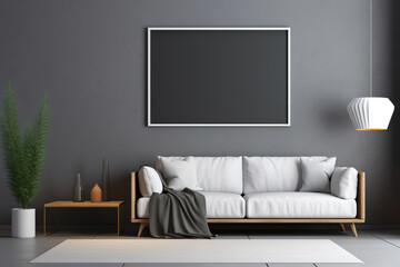 A minimalist living room with a slate grey wall, a sleek blank empty mockup frame, understated furniture, and a geometric rug. 8k,