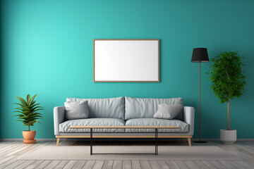 A modern living room with a large turquoise wall, featuring a central blank mockup frame, minimalist furniture, and indoor plants. 8k,