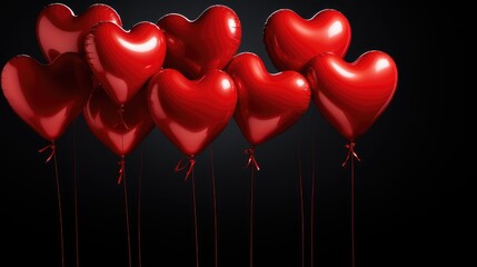 Red heart-shaped balloons on black background. Valentine's day concept.