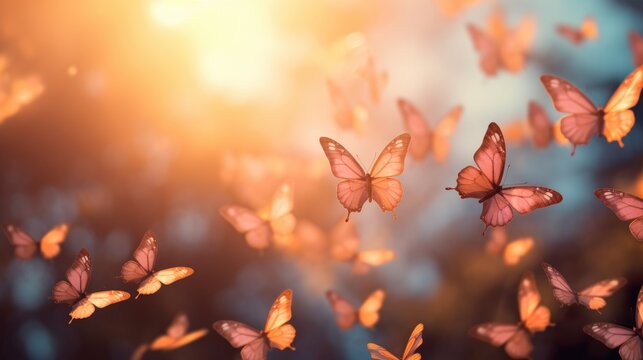 Butterflies flying in the sunset light. Beautiful nature background. Peach Fuzz color © Petrova-Apostolova