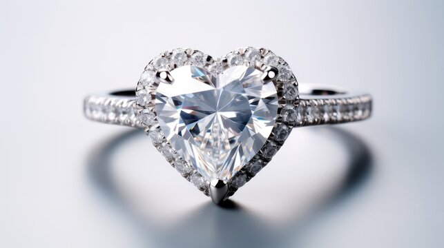 Heart shaped diamond ring on a white background. Macro shot