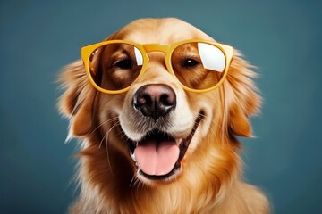 Smiling golden retriever dog wearing sunglasses. Advertising banner for a veterinary clinic, animal hotel.