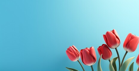 large red tulips on blue background - obrazy, fototapety, plakaty