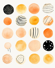 Fototapeta premium Lots of abstract watercolor circles with various peach and black patterns on a white background