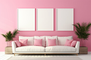 Artistic living room with a bright pink wall, a central blank mockup frame, and creative, abstract art pieces 8k,