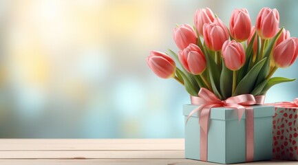 gift and pink tulips on blue background - obrazy, fototapety, plakaty