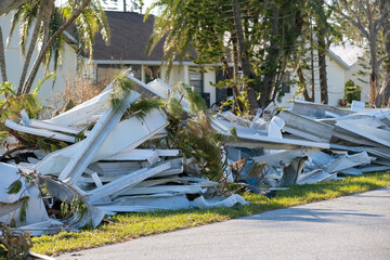 Scrap metal disposed in heaps on street side after hurricane severely damaged houses in Florida...