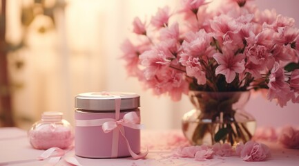Fototapeta na wymiar pink flower bouquet on a pink background