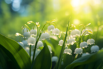 Close up of Lily of the valley flowers blooming in sunlight