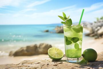Mojito cocktail artfully presented in a tall glass with ice. Realistic 3D illustration. Beach