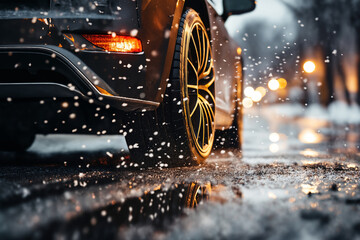 a car wheel close-up on the background of a winter snow-covered road with ice in city street, the concept of traffic safety on a slippery road