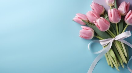 gift and pink tulips on blue background - Powered by Adobe