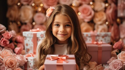 Fototapeta na wymiar little girl holding a gift box with pink roses