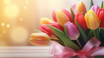 Bouquet of fresh tulips in pink, red, and yellow, wrapped in a delicate fabric