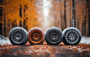 a car wheels on the background of a winter road and a beautiful landscape, a snow-covered forest, a concept of traffic safety on a slippery road