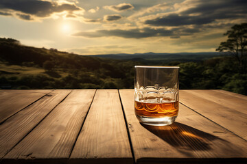 Cinematically lit old - fashioned whiskey with ice, with a bokeh background of dimly lit bottles. Country background