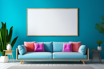 Bright living room with an electric blue wall, a striking blank mockup frame, and vibrant, colorful accents. 8k,