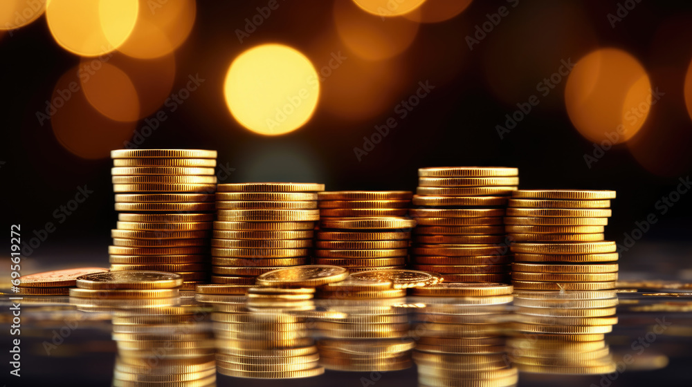 Poster multiple stacks of shiny gold coins on a surface with a warm, glowing bokeh light effect in the back