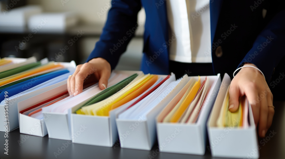 Poster close-up of a person in a business suit searching through open file drawers full of documents.