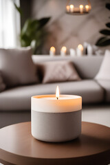 candle in a concrete plaster candlestick in a minimalist cozy interior