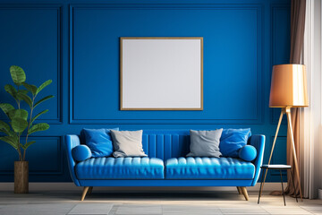 Bright living room with an electric blue wall, a striking blank mockup frame, and vibrant, colorful accents. 8k,