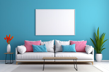 Bright living room with an electric blue wall, a striking blank mockup frame, and vibrant, colorful accents. 8k,