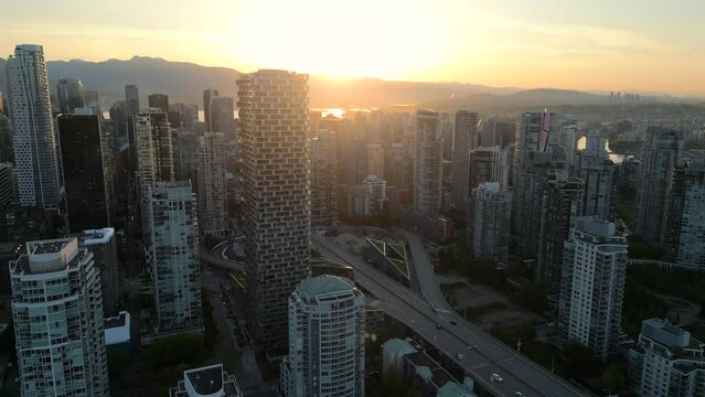 Aerial view of the skyscrapers in Downtown of Vancouver at dawn, Canada