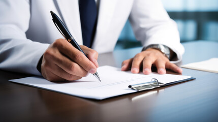 Doctor, is writing on a medical form or prescription pad on a clipboard