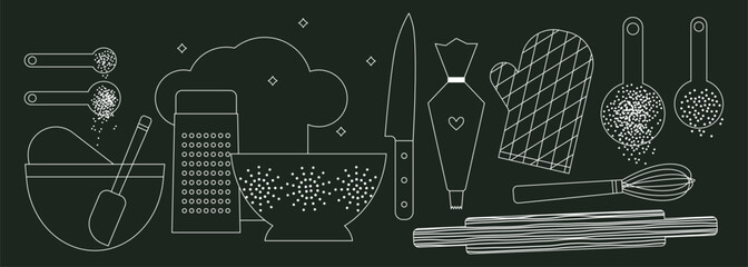 Set of bakery and kitchen utensils on chalkboard background. Spoons, Grater, Sieve, Knife, Pastry bag, Pin. Vector illustration. Kitchenware collection, tools. Equipment and cutlery for cooking chalk. - obrazy, fototapety, plakaty