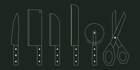 Set of kitchen knives on chalkboard background. Peel, vegetable, fillet, santoku, cleaver, pizza cutter, knife, scissors. Flat vector illustration. Kitchen utensils chalk. Trendy abstract style.