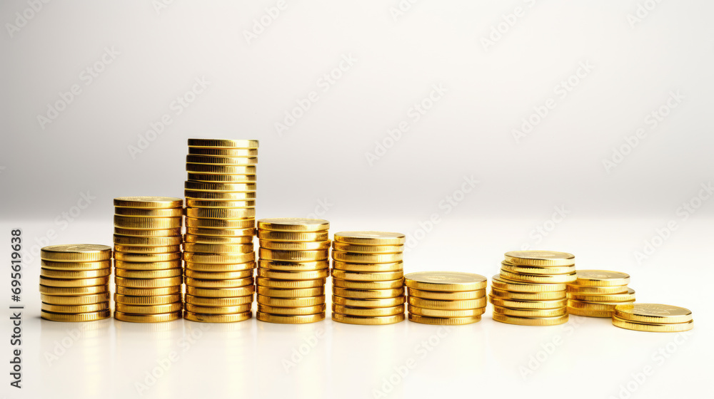 Poster several stacks of gold coins in different heights arranged from tallest to shortest against a white 