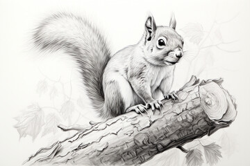 Hand Drawn Pencil Sketch of a Squirrel on a Branch