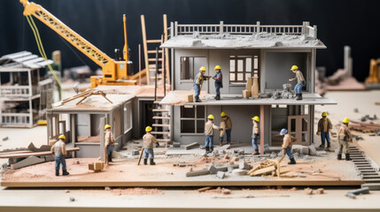 Miniature construction site with small figures representing workers engaged in various activities like building