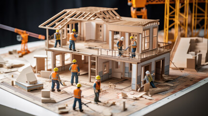 Miniature construction site with small figures representing workers engaged in various activities...