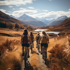 Mujeres ciclistas viajando en bicicleta hacia un lago. Render fotorealista elaborado con tecnología IA  - obrazy, fototapety, plakaty