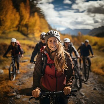 Grupo de ciclistas de mujeres en la monta&ntilde;a. Render fotorealista elaborado con tecnolog&iacute;a IA